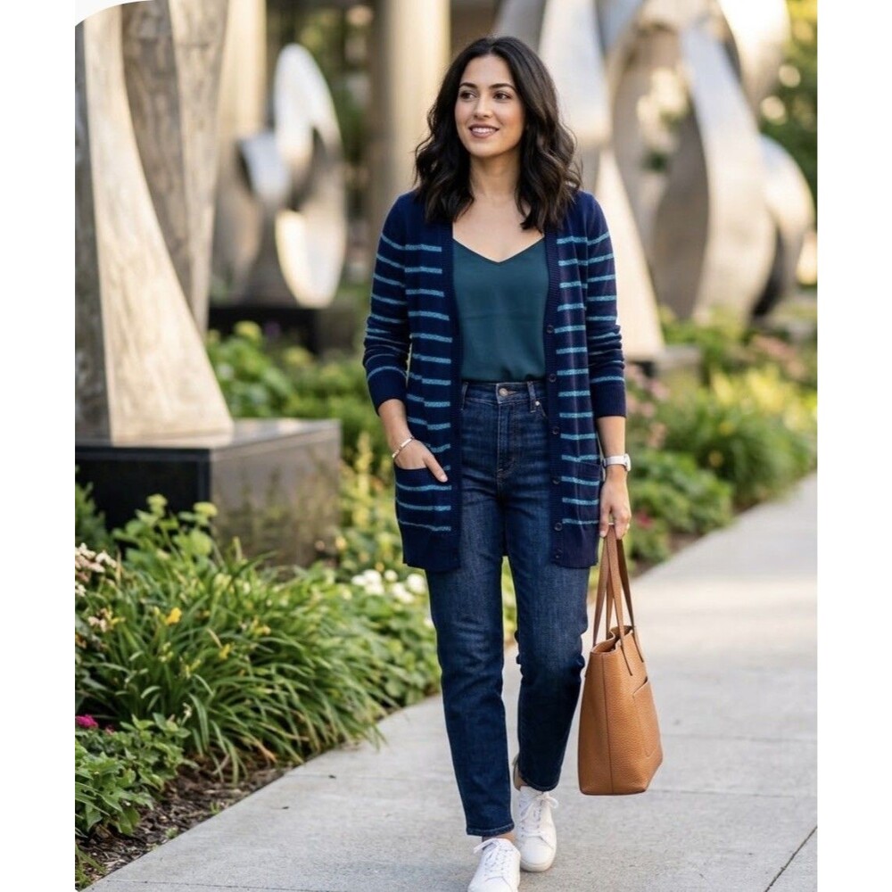 Faded Glory Cardigan Sweater Size 2XL 20 Navy Blue Front Pockets Striped